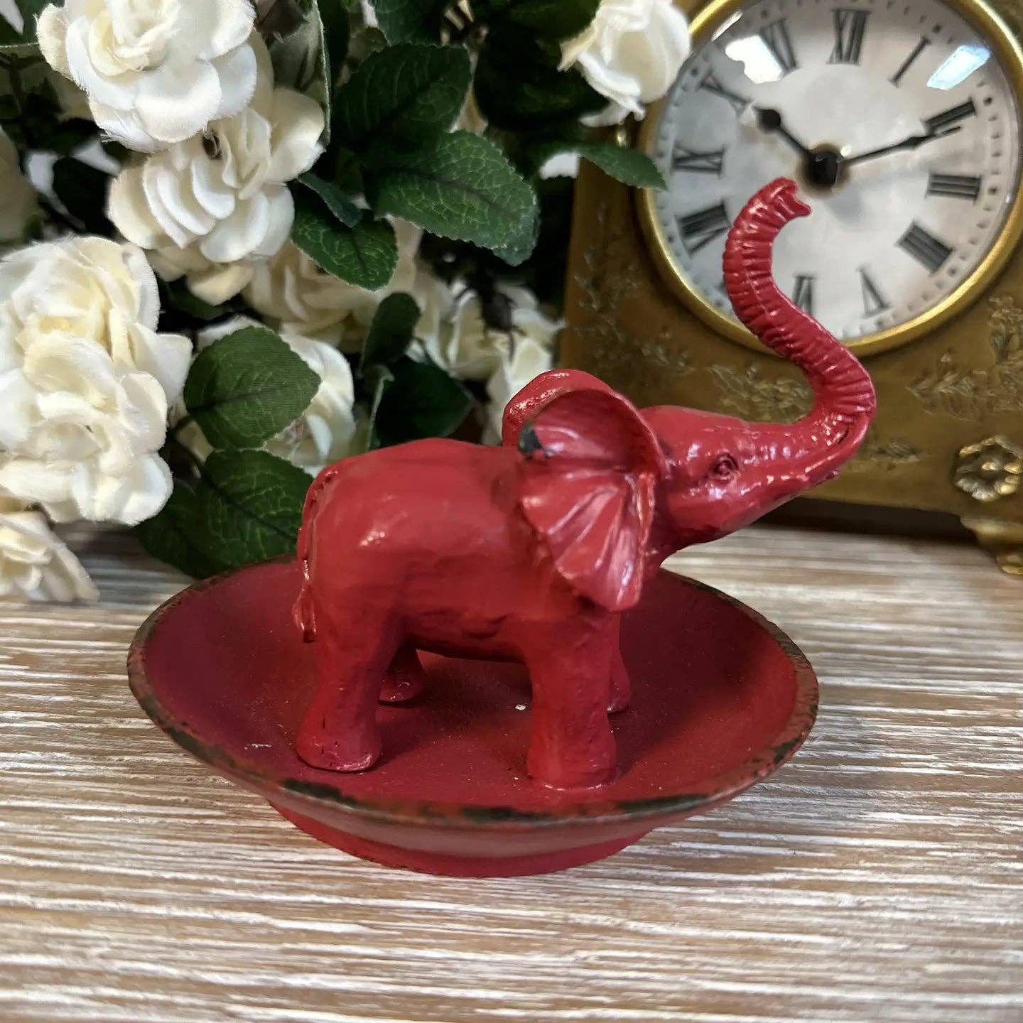 Pewter Elephant Ring Dish in Red