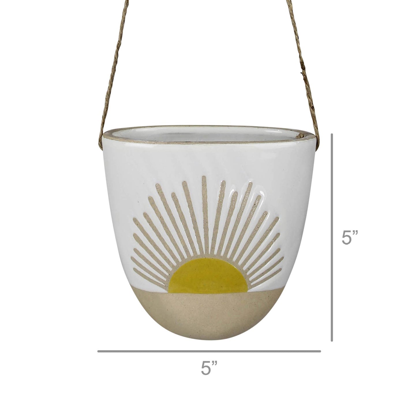 Hanging Vase with Sun, Ceramic.  12” jute hanger