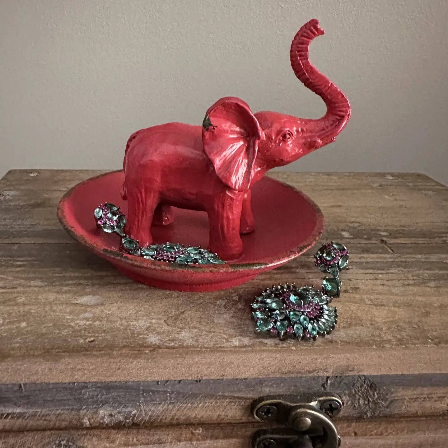 Pewter Elephant Ring Dish in Red